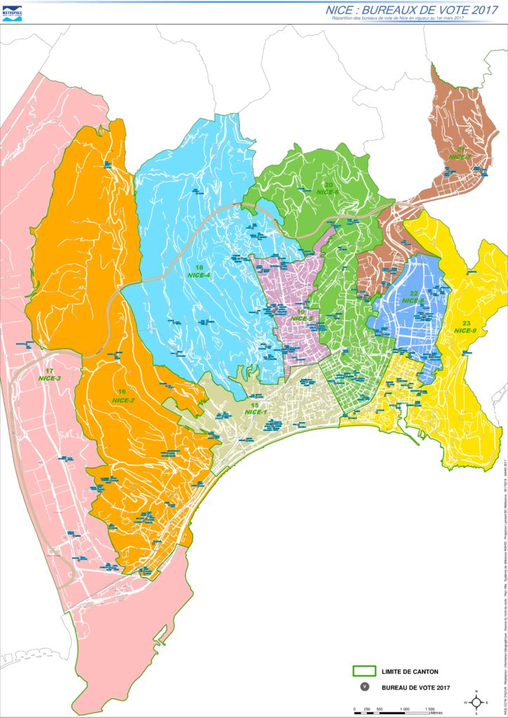 Carte historique des cantons et bureaux de vote de Nice en 2017