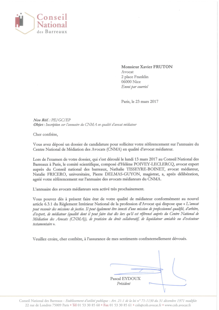 Courrier d’admission de Xavier Fruton sur l’annuaire des avocats médiateurs du CNMA